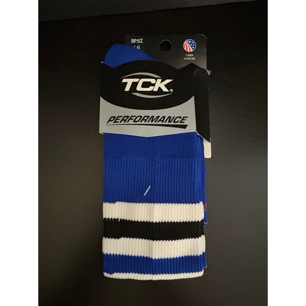 TCK Men Performance Athletic Socks Size Large Blue White Black Striped USA Made